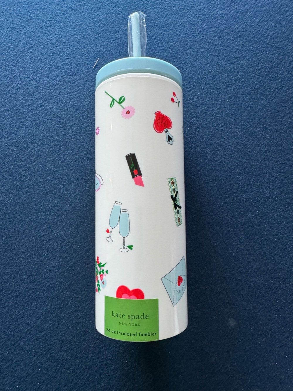 kate ♠️ spade White Tumbler with fun love is in the air designs. Blue lid&straw
